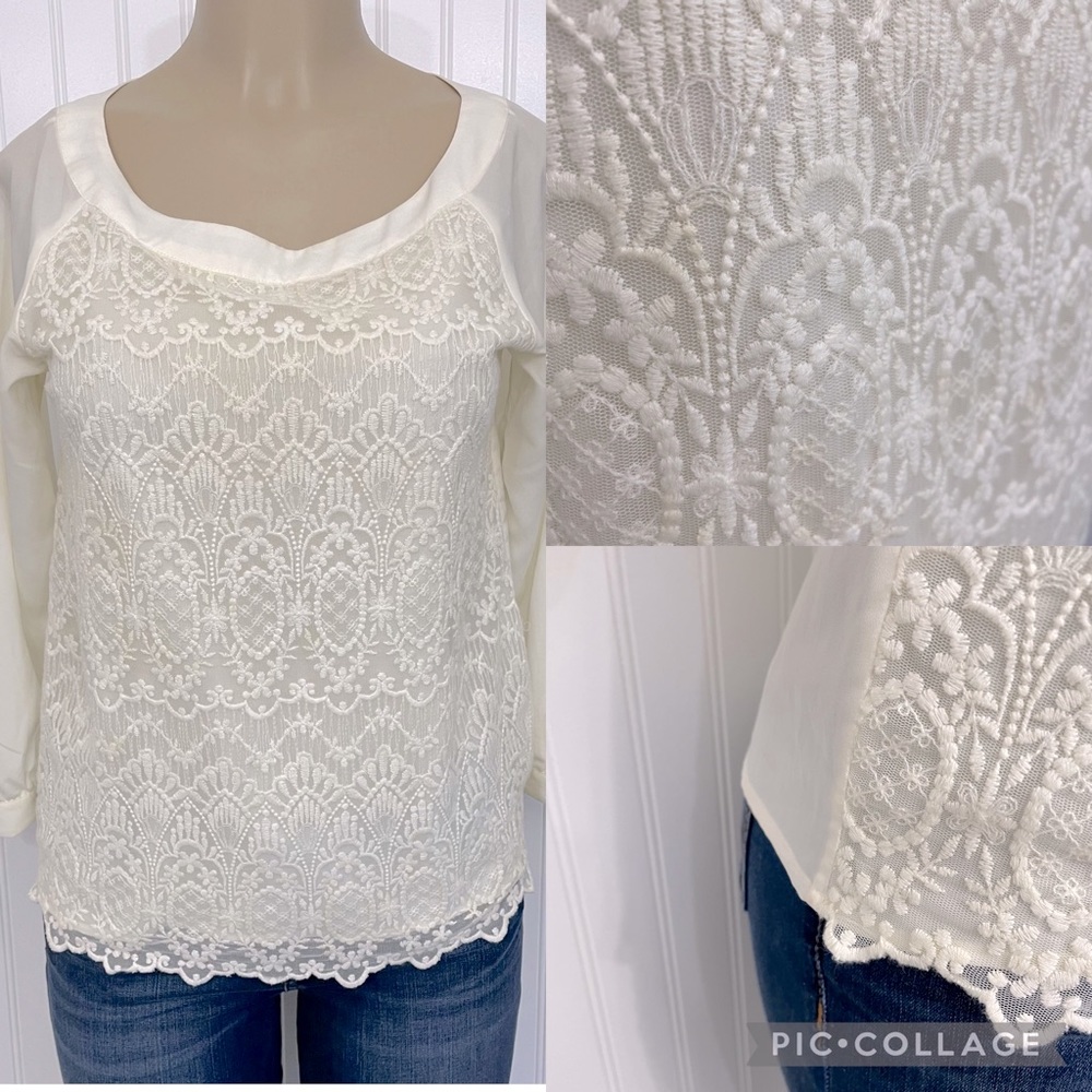 H&M Floral Lace Off White Blouse with Satin Trim Size 6